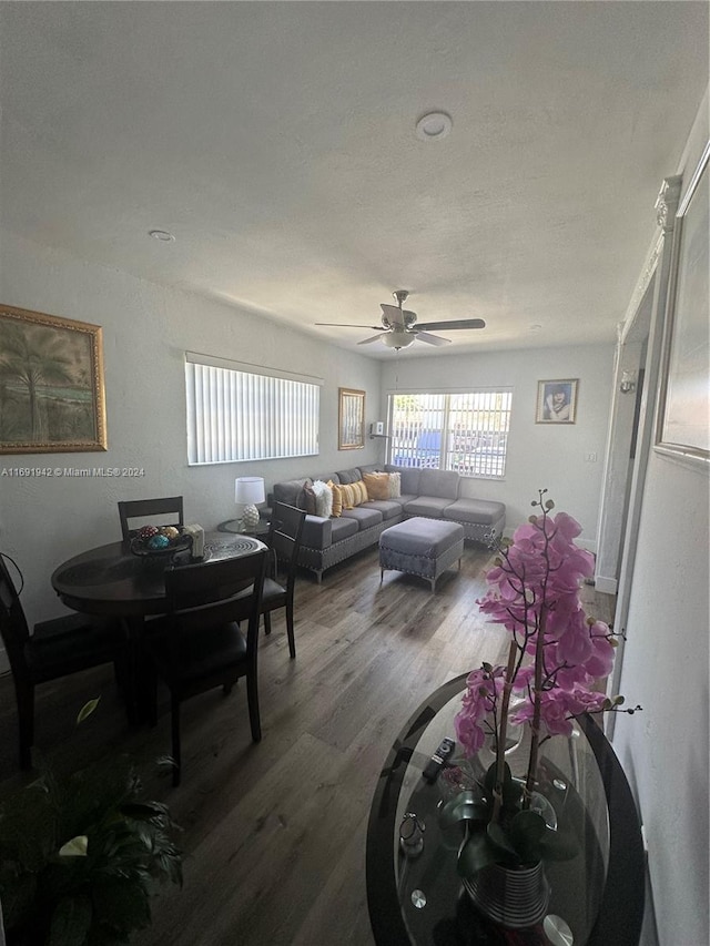 living room featuring hardwood / wood-style flooring and ceiling fan