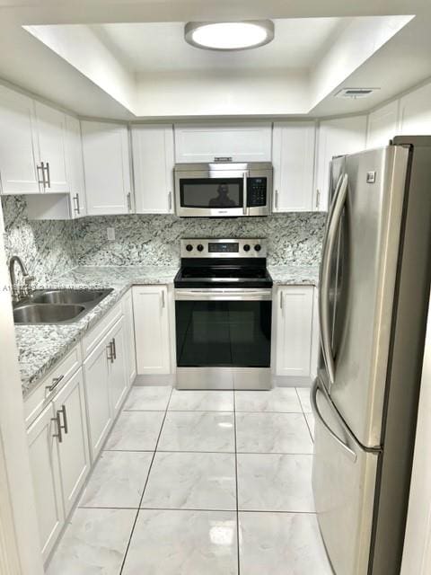 kitchen with stainless steel appliances, light stone counters, white cabinets, sink, and a tray ceiling