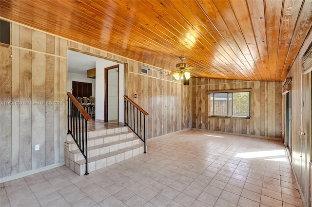 tiled spare room with ceiling fan, lofted ceiling, wood ceiling, and wood walls