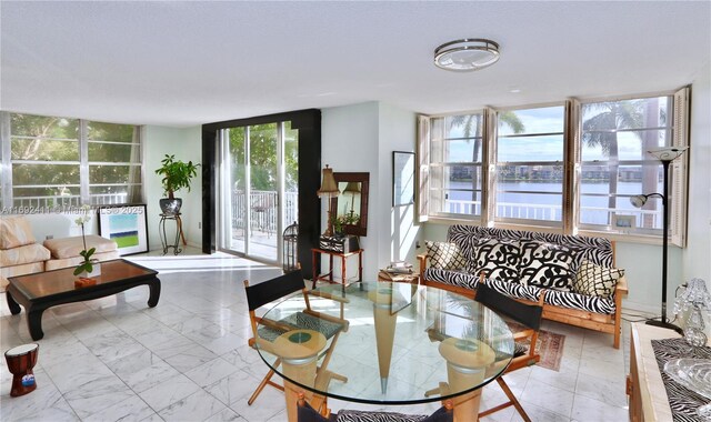 living room featuring a water view and a wall of windows