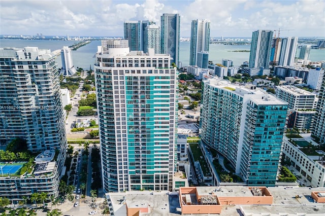 birds eye view of property featuring a water view