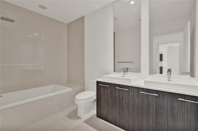 full bathroom with toilet, tub / shower combination, vanity, and tile patterned floors