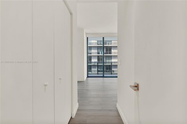 45 SW 9th St Unit 4306, Miami, FL 33130 - hallway with baseboards, expansive windows, and wood finished floors
