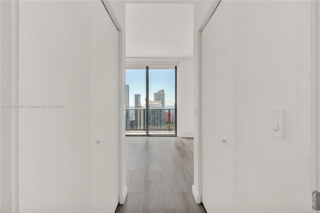 corridor with hardwood / wood-style floors and floor to ceiling windows