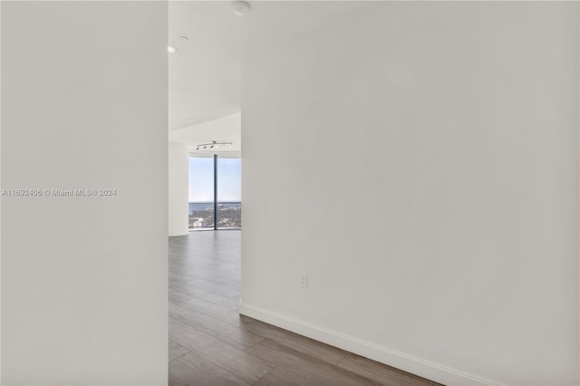 hallway featuring hardwood / wood-style floors and a wall of windows