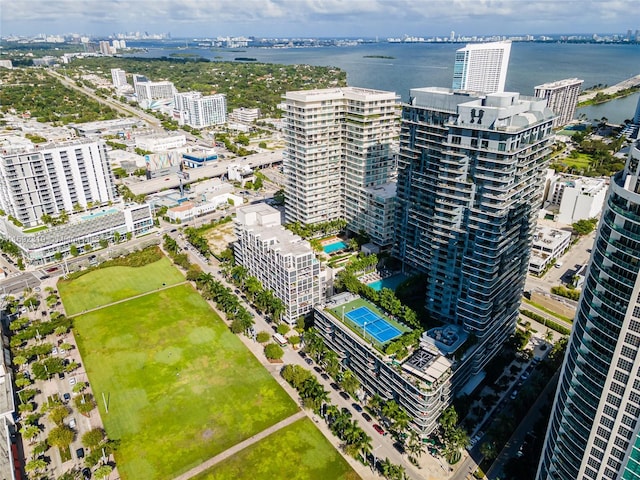 bird's eye view with a water view