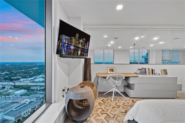 bedroom featuring built in desk