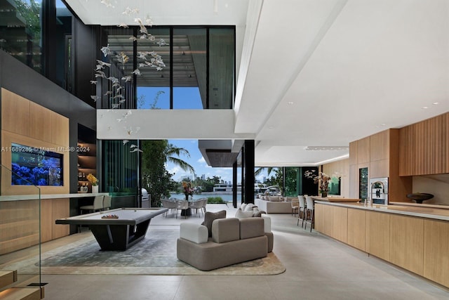 living room with wood walls