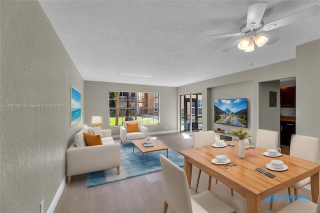 dining space featuring electric panel, hardwood / wood-style floors, ceiling fan, and a textured ceiling