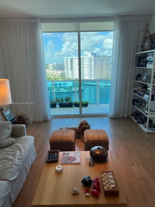 living area with a city view and wood finished floors