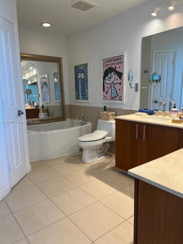 full bath featuring visible vents, toilet, vanity, tile patterned flooring, and a bath