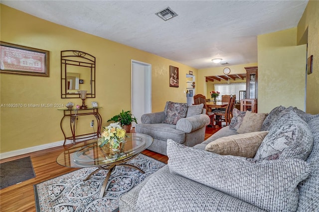 living room featuring a textured ceiling and hardwood / wood-style flooring