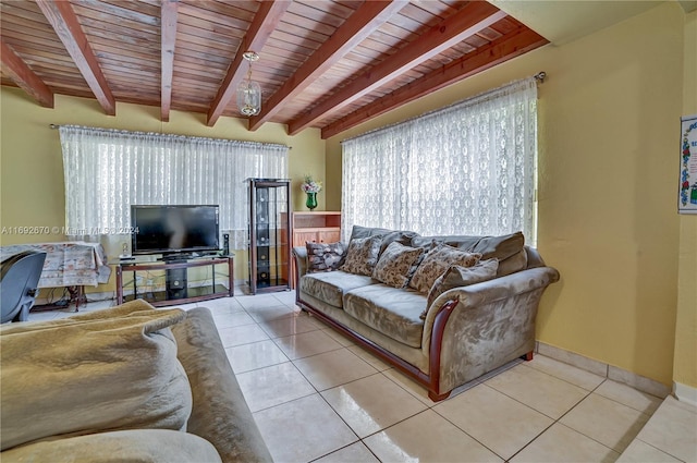 tiled living room with beamed ceiling and wooden ceiling