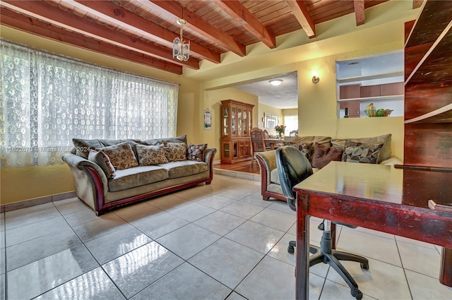 6525 Mayo St, Hollywood, FL 33023 - tiled living area with a wooden ceiling with exposed beams and baseboards