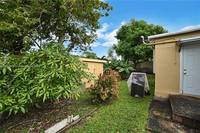 view of yard featuring a storage shed