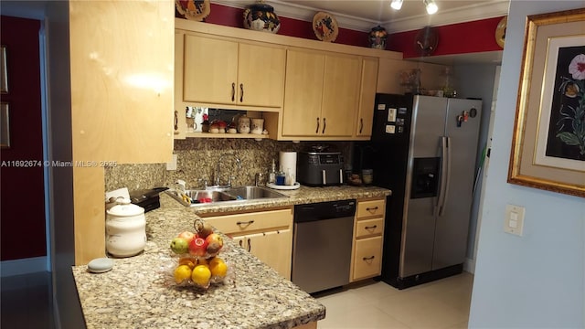 kitchen featuring tasteful backsplash, appliances with stainless steel finishes, light brown cabinetry, open shelves, and a sink