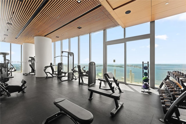 gym featuring a water view and floor to ceiling windows