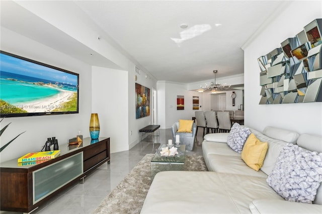 tiled living room with a notable chandelier and crown molding