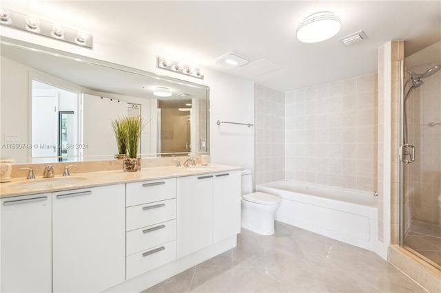 full bathroom with toilet, vanity, tile patterned floors, and separate shower and tub