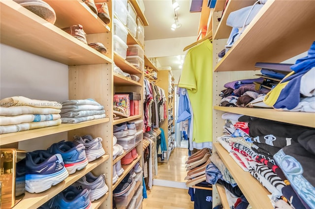 walk in closet with wood finished floors