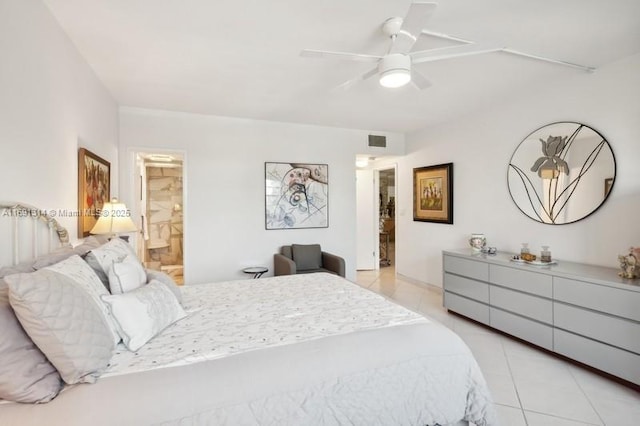 9111 E Bay Harbor Dr Unit 3E, Bay Harbor Islands, FL 33154 - bedroom featuring light tile patterned floors, connected bathroom, and a ceiling fan