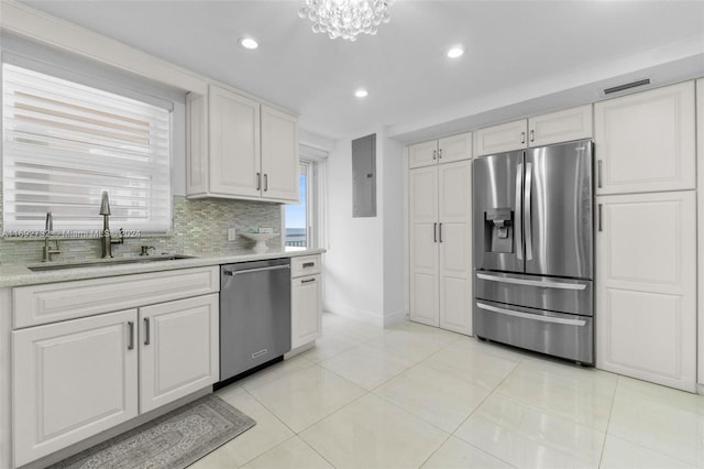 kitchen with white cabinets, plenty of natural light, sink, tasteful backsplash, and appliances with stainless steel finishes