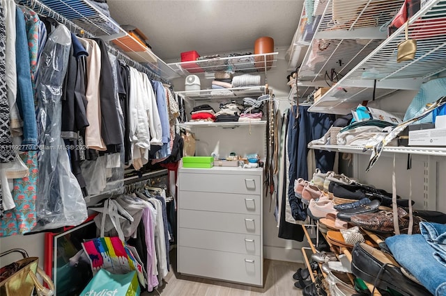 spacious closet featuring light hardwood / wood-style flooring