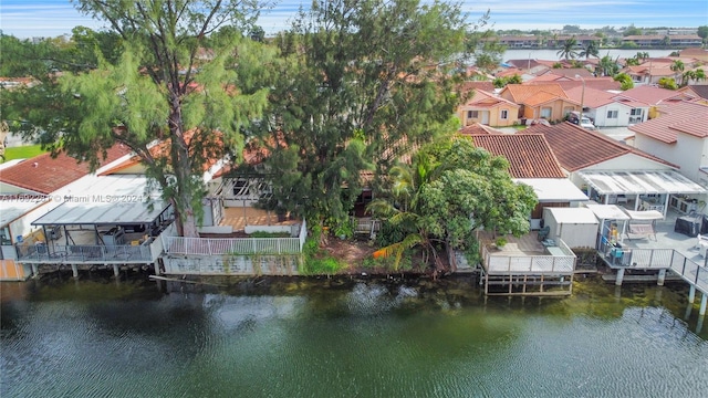 aerial view featuring a water view