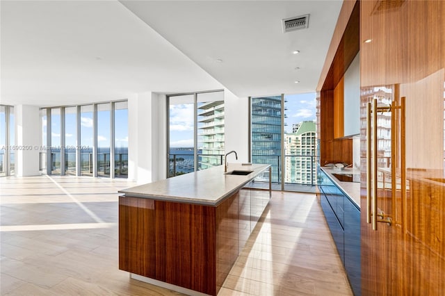 kitchen with hardwood / wood-style flooring, a water view, a wall of windows, and sink