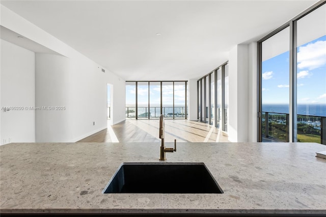 kitchen featuring a sink, stone counters, open floor plan, and a wall of windows