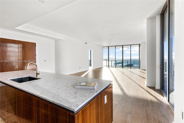 kitchen featuring light stone countertops, expansive windows, sink, light hardwood / wood-style floors, and an island with sink