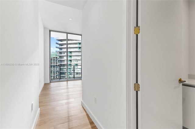 hall with baseboards, floor to ceiling windows, and light wood finished floors