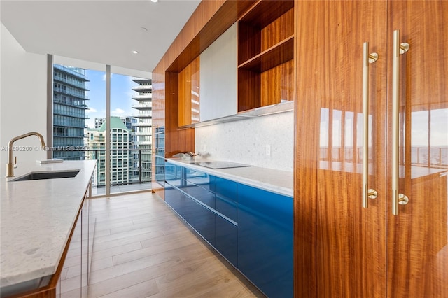 kitchen featuring modern cabinets, a sink, open shelves, tasteful backsplash, and floor to ceiling windows