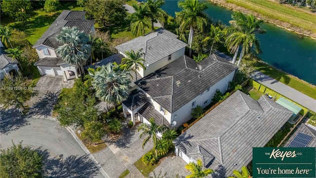 drone / aerial view featuring a water view