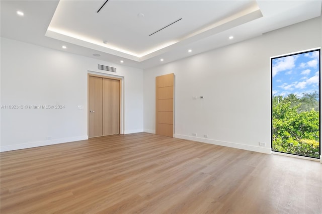 spare room with light hardwood / wood-style floors and a raised ceiling