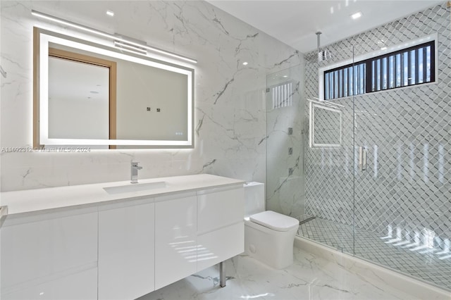 bathroom featuring walk in shower, vanity, and toilet