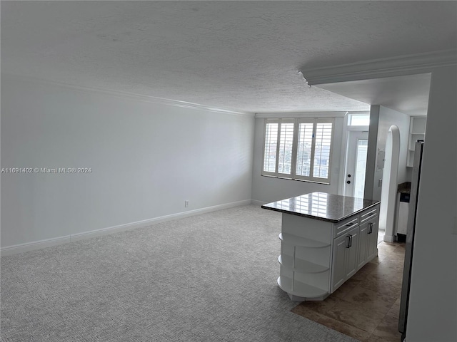 interior space with carpet floors and a textured ceiling