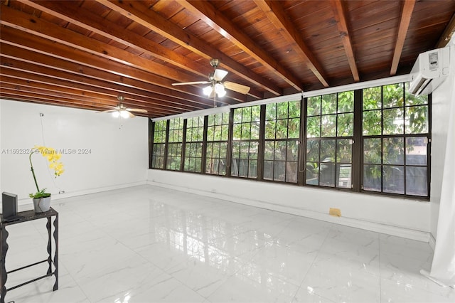 interior space featuring a wall mounted air conditioner, wooden ceiling, ceiling fan, and beam ceiling