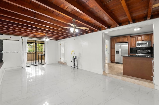 kitchen featuring stainless steel appliances, wood ceiling, beam ceiling, and a wall mounted air conditioner