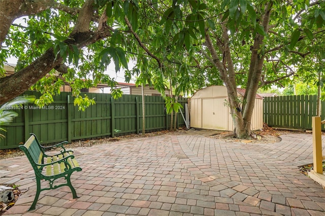 view of patio / terrace featuring a storage shed