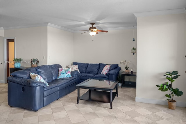 living room featuring ceiling fan and crown molding