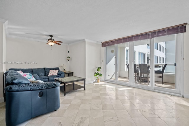 living room with crown molding, ceiling fan, floor to ceiling windows, and a textured ceiling