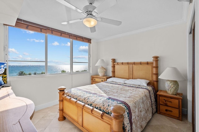 bedroom with ornamental molding, a water view, light tile patterned floors, and ceiling fan