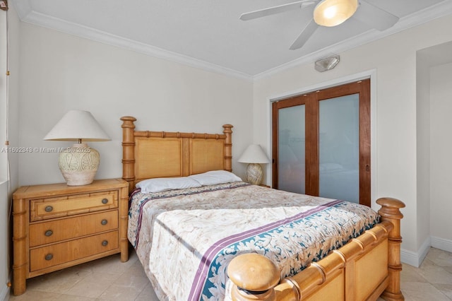 tiled bedroom with crown molding and ceiling fan