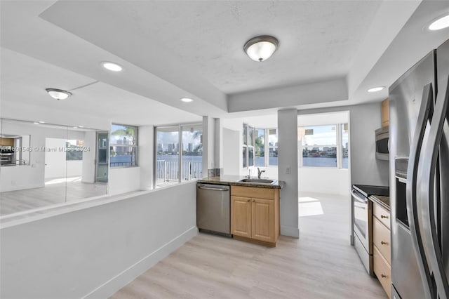 16570 NE 26th Ave Unit 2A, North Miami Beach, FL 33160 - kitchen featuring stainless steel appliances, a sink, baseboards, light wood-style floors, and a water view