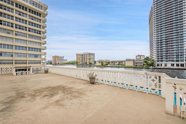 view of patio / terrace with a water view