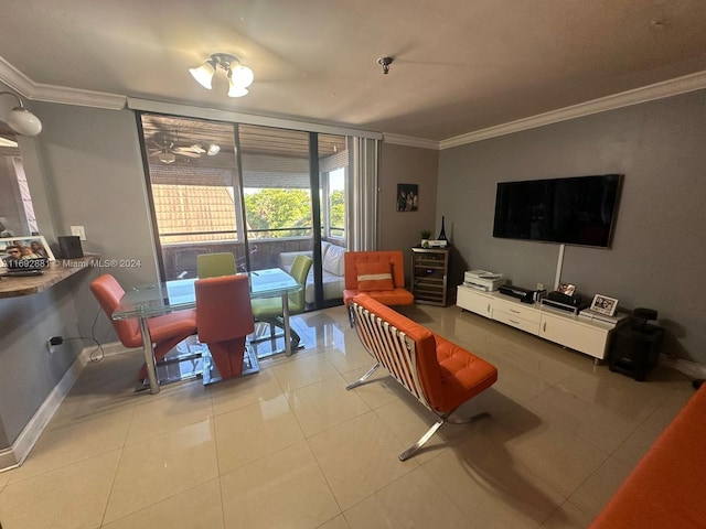 tiled living room with ornamental molding