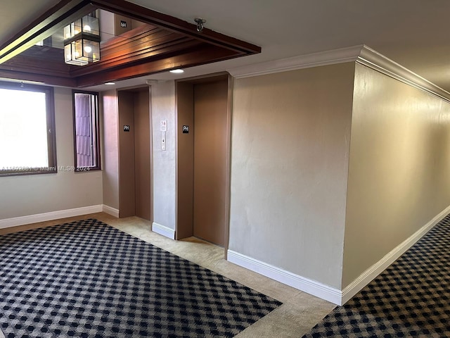 interior space with elevator, light carpet, and crown molding