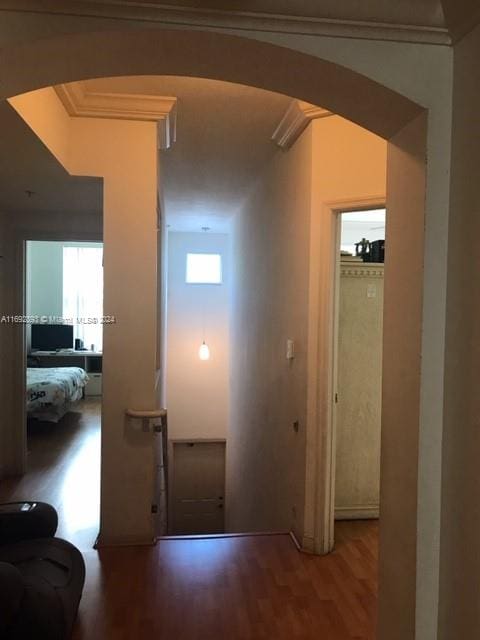 interior space featuring hardwood / wood-style floors, a wealth of natural light, and crown molding