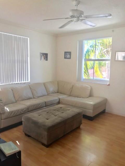 living room with light hardwood / wood-style floors and ceiling fan